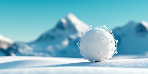 Fototapete - Futuristic Molecular Structure Display Innovative Sphere with Connection Lines on Snowy Landscape - Cutting-Edge Visualization for Tech RandD and Scientific Marketing