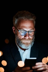 Poster - Sleek Office Tech Aesthetic Mature Businessman with Smartphone Amidst Elegant Bokeh - Strategic Digital Focus for Corporate Innovation and Adaptive Workflow Solutions