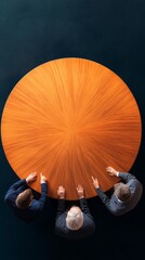 Aufkleber - Contemporary Business Meeting Scene Overhead View of Executive Team at Circular Wooden Table - Collaborative Interaction and Innovative Decision-Making in Professional Workspaces