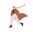 © Good Studio - Confident woman walking in coat and scarf in wind. Stylish modern elegant female character in windy weather. Urban style fashion girl going. Flat vector illustration isolated on white background