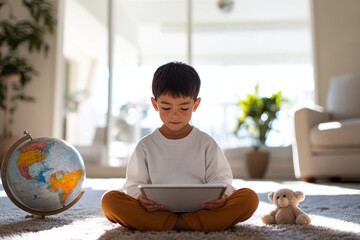 Poster - Interactive Online Learning Young Asian Boy on Cozy Rug with Tablet and Globe for Engaging Science Lesson - Innovating Education Content and Digital Classroom Solutions