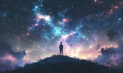 Ethereal lone figure gazing at a star-filled night sky, standing on a soft hill with vibrant auroras.