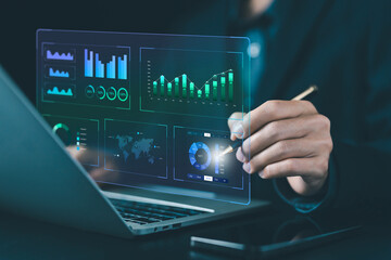 Poster - analyst manages the system database, analysis data plans, and reports. shows a dashboard chart on the computer. concept of analytics business, research on platform digital technology	
