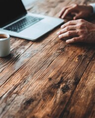 Aufkleber - Rustic Wooden Desk with Modern Laptop and Coffee Cup - Engaged Teamwork Vibes for Professional Workspaces, Tech-Driven Collaboration and Business Innovation