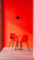 Poster - Vibrant Minimalist Workspace Bold Red Modern Office with Glass Partition and Sleek Furniture Inspiring Business Environment for Creative Professionals