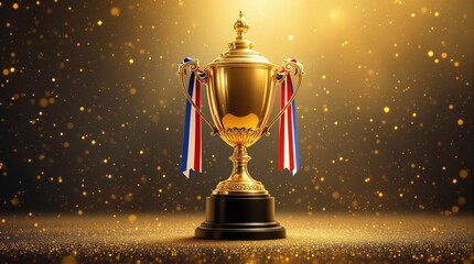 Fototapete - golden trophy with ribbons, set against a sparkling blue background
