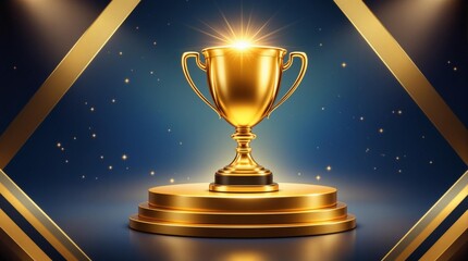 Fototapete - golden trophy with ribbons, set against a sparkling blue background