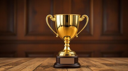 Fototapete - golden trophy with wooden surface against dark wood background.