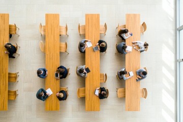 Aufkleber - Scandinavian Campus Vibe Wooden Tables and Student Interactions in Bright Cafeteria - Modern Educational Space Design for Collaborative Learning and Innovative Workforce Development