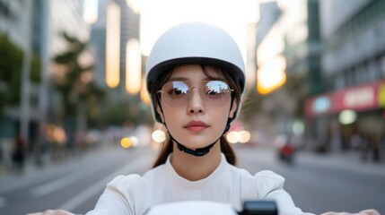 Aufkleber - Smart Urban Mobility Young Korean Woman on E-Scooter, Navigating Seouls Bike Lane - Eco-Friendly Commute and Modern Transit Solutions in Urban Development