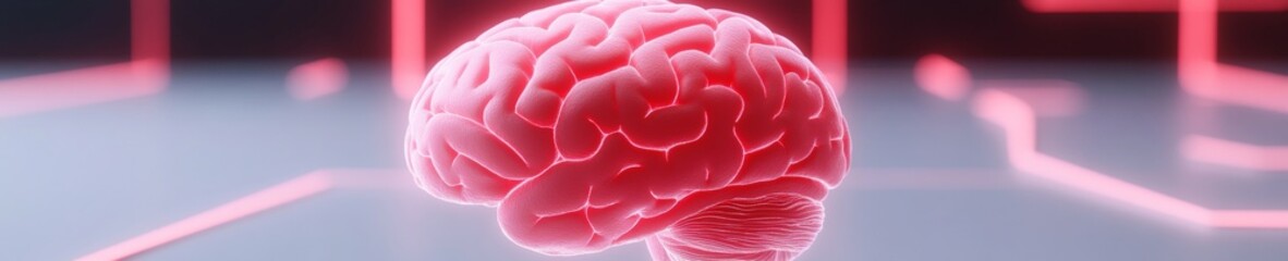 Fototapete - Neuro-Digital Display Futuristic Neon Brain Model on Sleek Surface - Cutting-Edge Healthcare Visualization and Diagnostic Technology for Medical Innovation