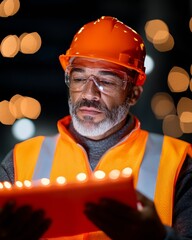 Poster - Contemporary Industrial Vision Experienced Male Specialist in Hi-Vis Gear Analyzes Blueprint - Modern Safety Solutions and Manufacturing Efficiency in the Workplace
