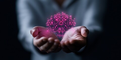 Poster - Futuristic Holographic Network in Hands Interactive Digital Mesh Sphere for Healthcare Tech - Innovative Visual Content for Modern Medical Solutions and Business Communication