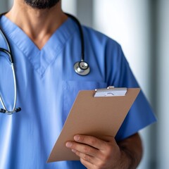 Aufkleber - Modern Healthcare Workflow Professional Medical Staff with Stethoscope and Clipboard in Minimalist Hospital Setting - Healthcare Documentation and Patient Care Efficiency