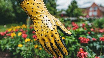 Yellow gardening glove in garden, flowers blurred background