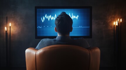 Leinwandbilder - Contemporary Solo Investing Asian Man in Casual Sweater Analyzing Live Stock Chart on High-Tech Monitor in Modern Home Office Digital Business Focus for Urban Entrepreneurs