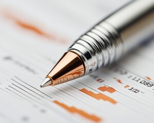 Fototapete - Reflective Steel Pen on Financial Projection Sleek Modern Aesthetics, Textured Silver Finish in Corporate Finance Reports - Business Innovation and Digital Analysis Tools