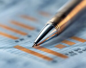 Leinwandbilder - Sleek Modern Financial Insight Reflective Silver Pen on Financial Report with Blurred Stock Data - Innovative Data Analysis and Corporate Strategy Visualization