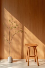 Poster - Japandi Minimalism Natural Wood Interior with Potted Branch - Sleek Office Design and Tranquil Workspace Aesthetic for Modern Facility Management