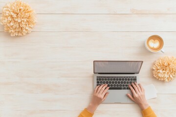 Leinwandbilder - Minimalist Work Environment First-Person Laptop Typing with Latte and Journaling - Modern Business Tools and Creative Workspace Solutions