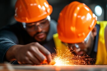 Aufkleber - Dynamic Construction Collaboration Diverse Team Welding with Safety Gear - Innovative Business Growth in Urban Development and Practical Skill Application