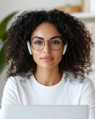 Poster - Curly Hair Latina Teacher in Cozy Home Office Virtual Classroom Aesthetic for E-Learning and Digital Communications - Effective Online Education and Professional Engagement