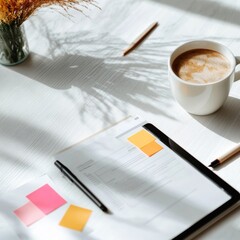 Aufkleber - Scandinavian Learning Station Digital Tablet and Vibrant Stationery on Light Timber - Innovative E-Learning Solutions for Modern Education and Workspace Efficiency