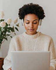 Fototapete - Contemporary E-Learning Scene Young Black Woman with Natural Hair in Cozy Chic Setting - Enhancing Digital Education and Modern Study Spaces