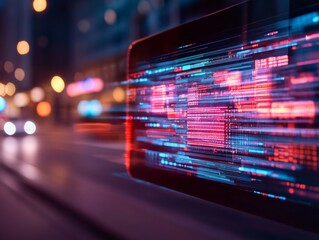 Aufkleber - Futuristic Holographic Mobile Interface Dynamic LED Display with Network Graphics - Digital Business Solutions and Interactive Marketing for Innovative Tech Industry