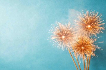 Poster - Vibrant Fireworks Display Against Minimalist Blue Festive Holiday Stock Image for Digital Marketing and New Year Campaigns Dynamic Visuals for Brand Engagement