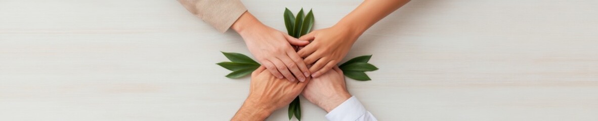 Poster - Modern Unity Aesthetic Diverse Team Hands on Natural Wood with Leaf Accents - Corporate Cohesion Imagery for Professional Growth and Strategic Branding in Eco-Conscious Enterprises