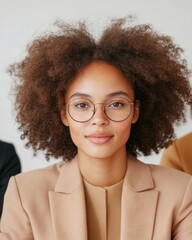 Poster - Minimalist Professional Portrait Young Woman in Neutral Blazer with Curly Hair and Minimal Makeup - Contemporary Business Content and Diversity Marketing Appeal