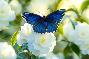 Wall Mural - A Blue Admiral, its deep blue wings catching the light, against the soft whites of a camellia bush.