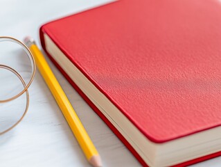 Poster - Minimalist Academic Workspace Textured Red Notebook with Yellow Pencil and Glasses - Elevate Educational Content and Branding for Modern Study Supplies
