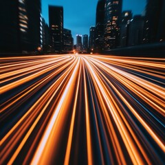 Fototapete - Futuristic Cityscape Light Trails Illuminated Skyscrapers and Dynamic Data Lines - Smart City Visualization for Urban Infrastructure and Digital Transformation in Tech and Business Innovation