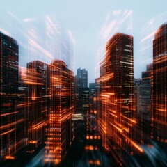 Aufkleber - Futuristic Digital Cityscape Neon-Lit Skyscrapers and Data Networks - Smart Urban Infrastructure for Technology Integration in Business Innovation