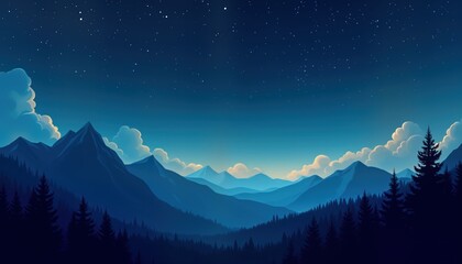 Wall Mural - Night landscape features dark blue mountains with silhouette pine trees. Cloudy sky with stars. Mountain peaks stand out with light blue tones. Celestial tranquil atmosphere. Perfect for wallpapers