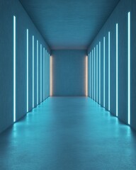 Poster - Futuristic LED Corridor Neon Blue Light Panels on Smooth Concrete - Innovative Architectural Design for Modern Workspaces and Interactive Exhibitions