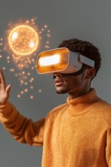 Poster - Immersive VR Design Innovation Young Professional in Knitwear Navigating Glowing Holographic Interfaces in High-Tech Studio - Modern Digital Collaboration for Creative Industries