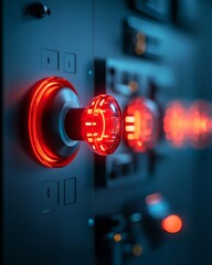 Aufkleber - Futuristic Emergency Broadcast Interface Red LED Buttons on Sleek Control Panels for Crisis Management - Cutting-Edge Tech for Integrated Response Solutions in Modern Security Operations