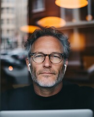 Poster - Urban Remote Work Aesthetic Mature Professional with Glasses in Cozy Coffee Shop During Rainy Afternoon Digital Nomadism and Innovations in Modern Workspace Solutions