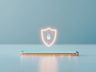 Poster - Cyber Aesthetic Digital Shield Hovering Over Sleek Smartphone on Minimalist Desk Enhancing Cybersecurity for Modern Mobile-First Business Platforms
