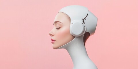 Poster - Futuristic Human-Robot Aesthetic Smooth White Robotics and Textural Pink Backdrop for Tech-Driven Fashion and Beauty Content in Digital Marketing Visuals