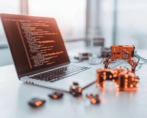 Fototapete - Sleek Digital Classroom Setup Coding Laptop on Minimalistic Desk with Robotics - Innovating STEM Education for Progressive Learning Environments