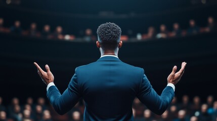 Poster - Dynamic Stage Presentation Tailored Navy Suit and Confident Gestures, Black Male Speaker, Elevating Leadership Skills in Professional and Digital Contexts
