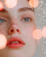 Fototapete - Futuristic Portrait Holography White Petite Woman in Emotional Connection with Holographic Lights Innovative Tech for Modern Marketing and Digital Storytelling