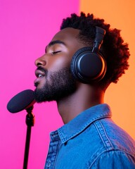 Aufkleber - Vibrant Podcast Studio Scene Black Man in Denim with Headphones and Mic - Digital Media Innovation and Remote Broadcasting Atmosphere