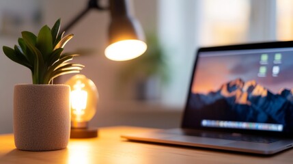 Leinwandbilder - Serene Workspace Aesthetic Mid-Century Modern Lamp and Minimalist Desk Setup for Creative Remote Collaboration in Tech-Driven Content Production