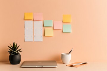 Fototapete - Minimalist Desk Layout Modern Laptop with Vibrant Sticky Notes and Content Calendar - Enhancing Remote Productivity and Creative Branding Strategies in Digital Workspaces