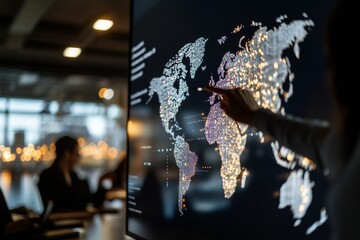 Leinwandbilder - Interactive Digital Map Display Multinational Team Strategizing Global Trade Routes with LED Screen and Natural Light - Modern Logistics and Dynamic Supply Chain Management